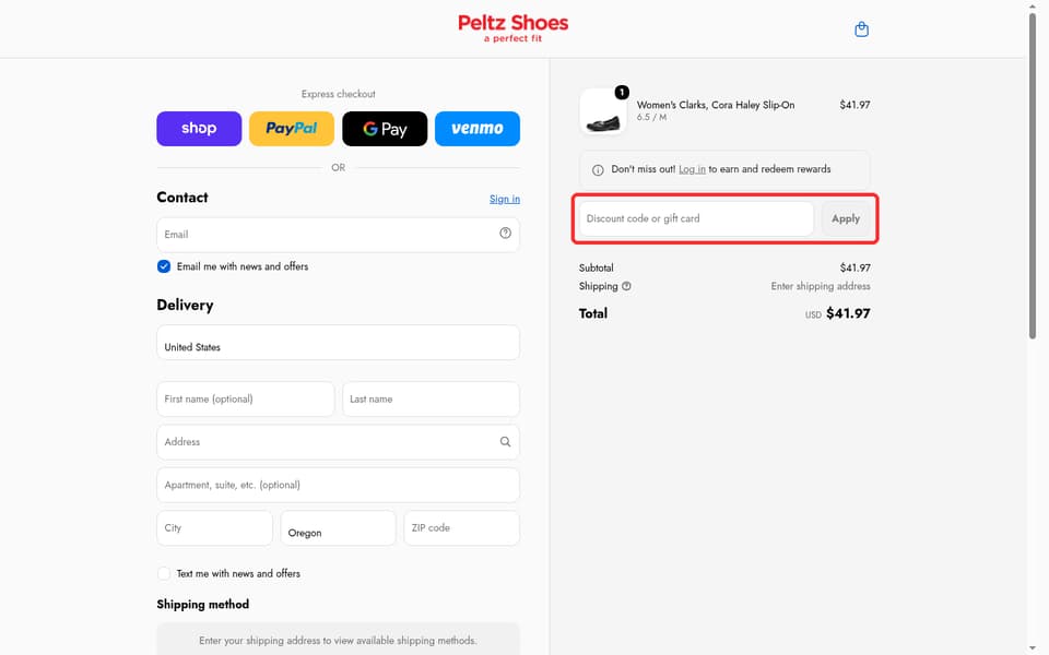 Peltz Shoes checkout page showing the Discount code or gift card field and Apply button