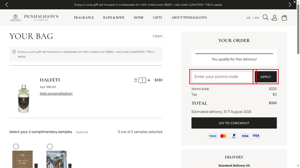 Penhaligon's checkout page showing the Enter your promo code field and Apply button