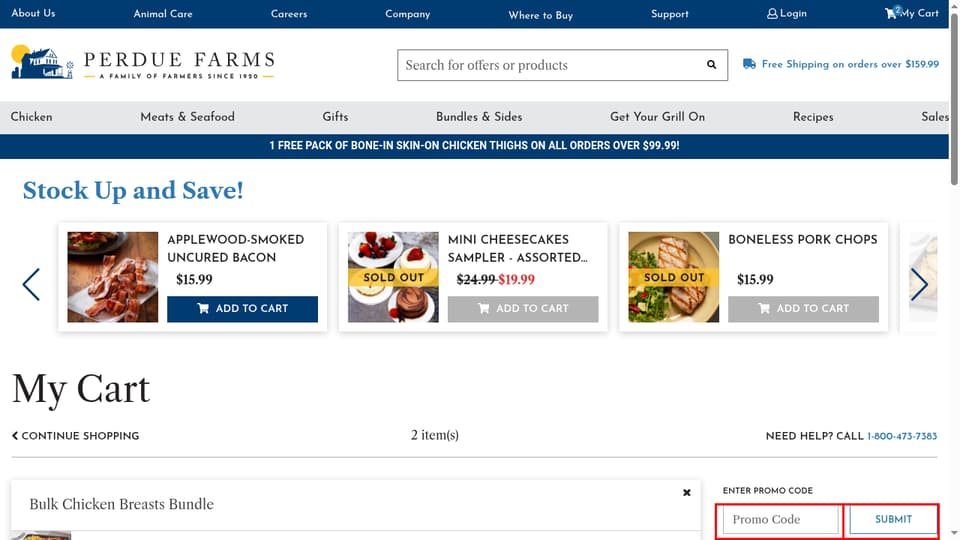 Perdue Farms checkout page showing the Promo Code field and Submit button