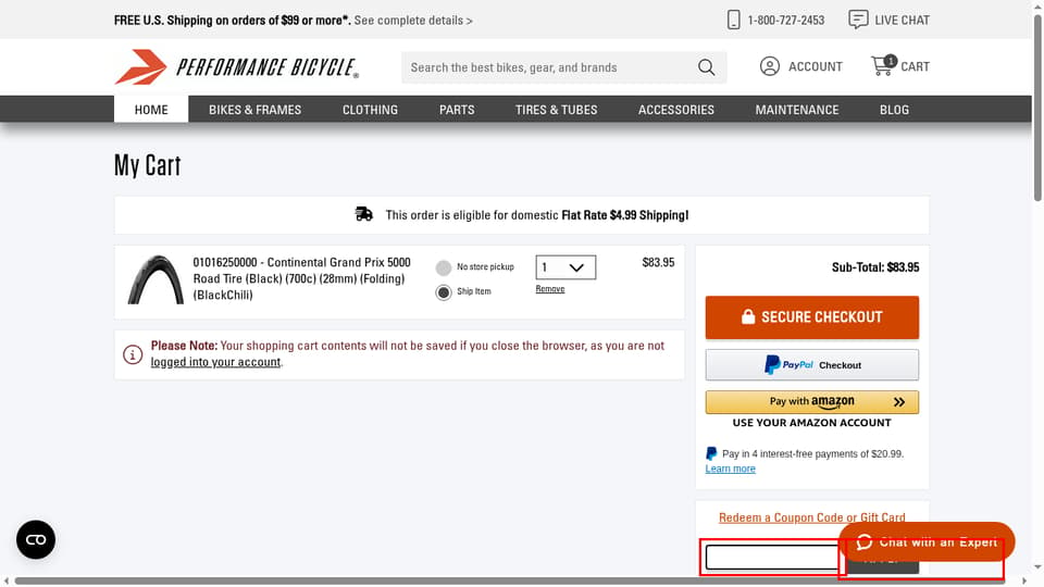 Performance Bicycle checkout page showing the Enter coupon field and Apply button