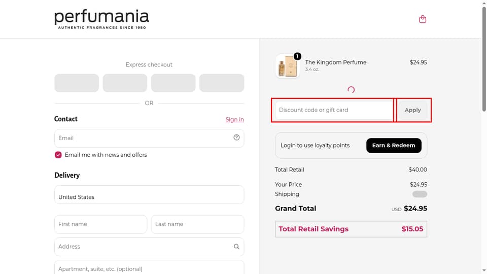 Perfumania checkout page showing the Discount code or gift card field and Apply button