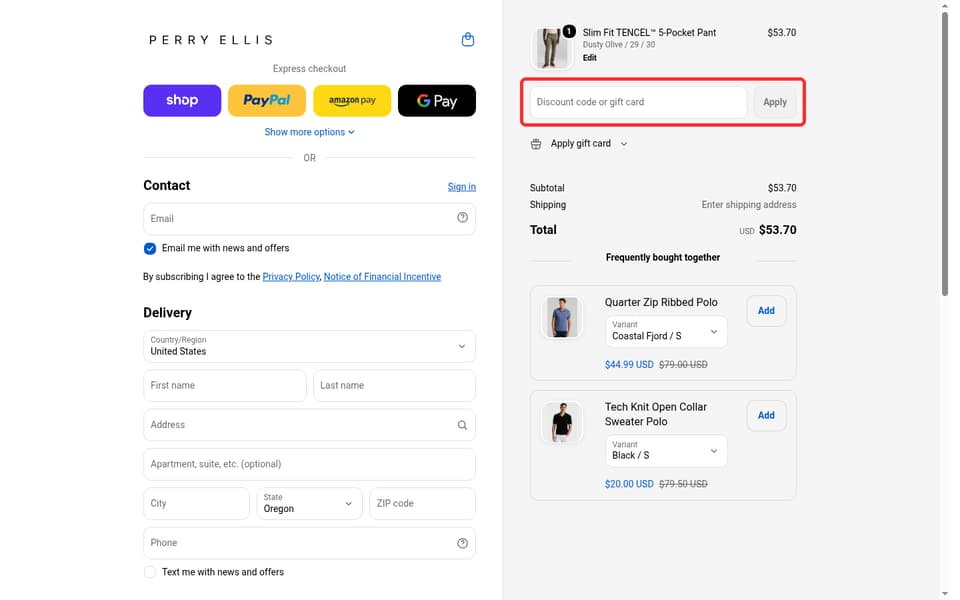 Perry Ellis checkout page showing the Discount code or gift card field and Apply button