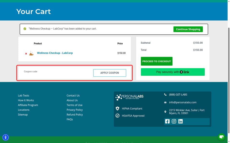 Personalabs checkout page showing the Coupon code field and Apply coupon button