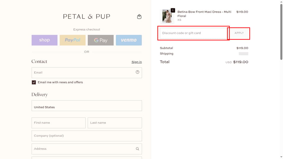 Petal & Pup checkout page showing the Discount code or gift card field and Apply button