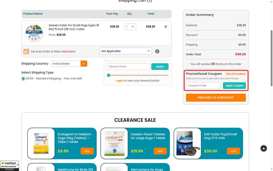 PetCareClub checkout page showing the Coupon Code field and Apply Coupon button