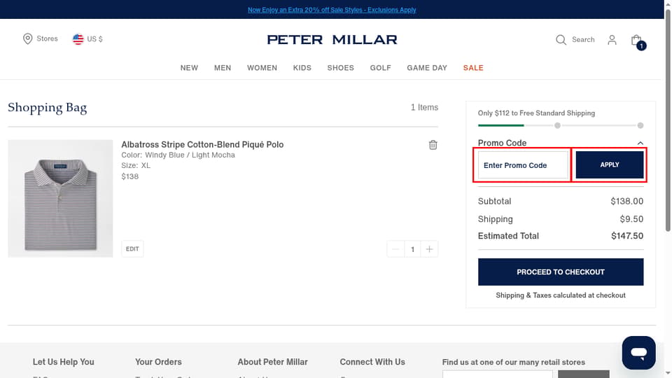 Peter Millar checkout page showing the Enter Promo Code field and APPLY button