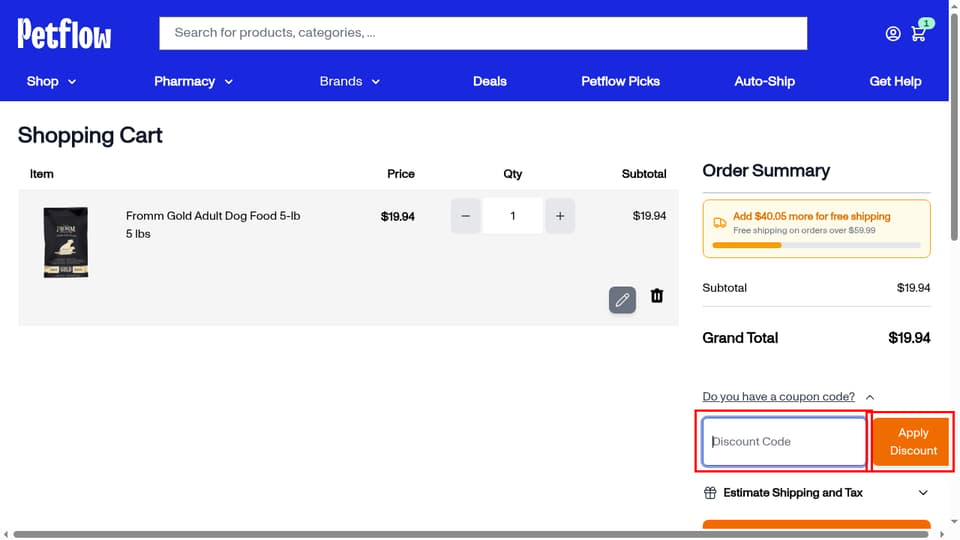 PetFlow checkout page showing the Discount Code field and Apply Discount button