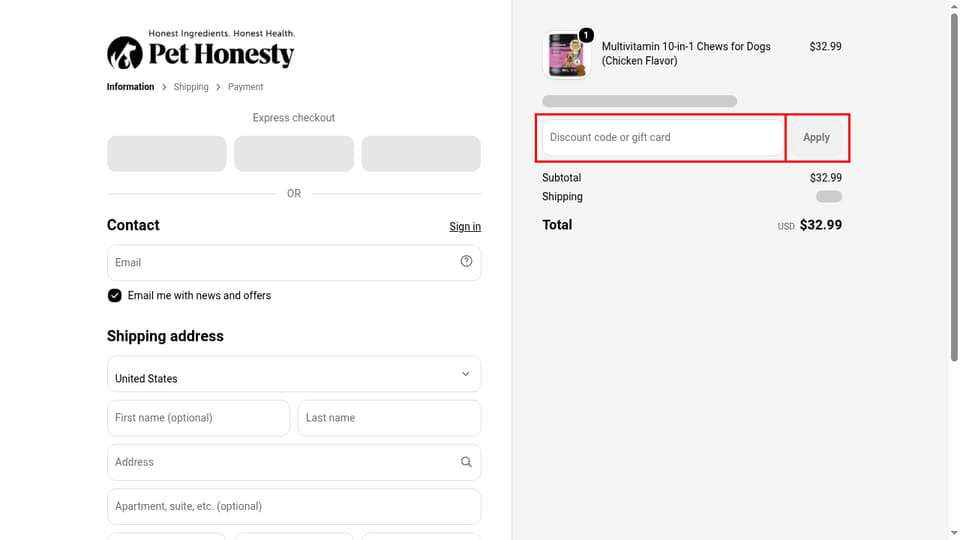 Pethonesty checkout page showing the Discount code or gift card field and Apply button
