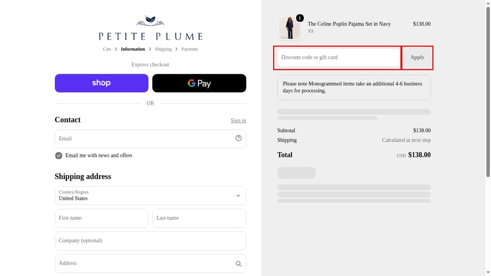 Petite Plume checkout page showing the Discount code or gift card field and Apply button