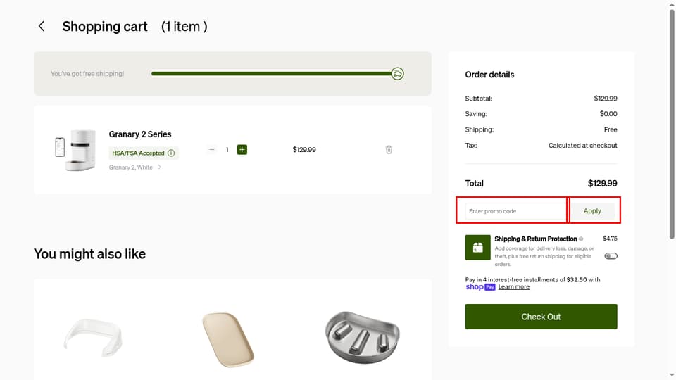 Petlibro checkout page showing the Enter promo code field and Apply button