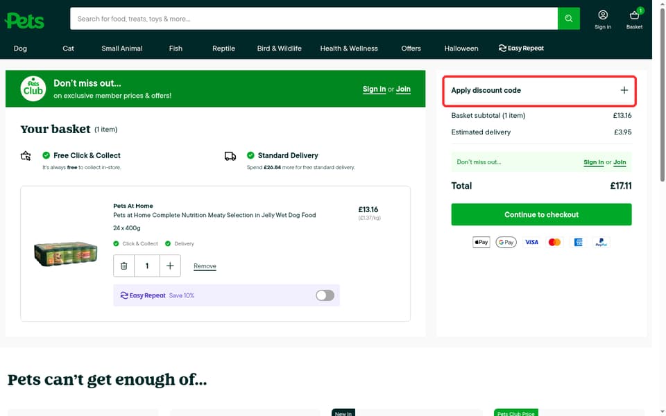 Pets at Home checkout page showing the Enter discount code field and Apply button