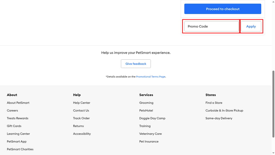 PetSmart checkout page showing the Promo Code field and Apply button