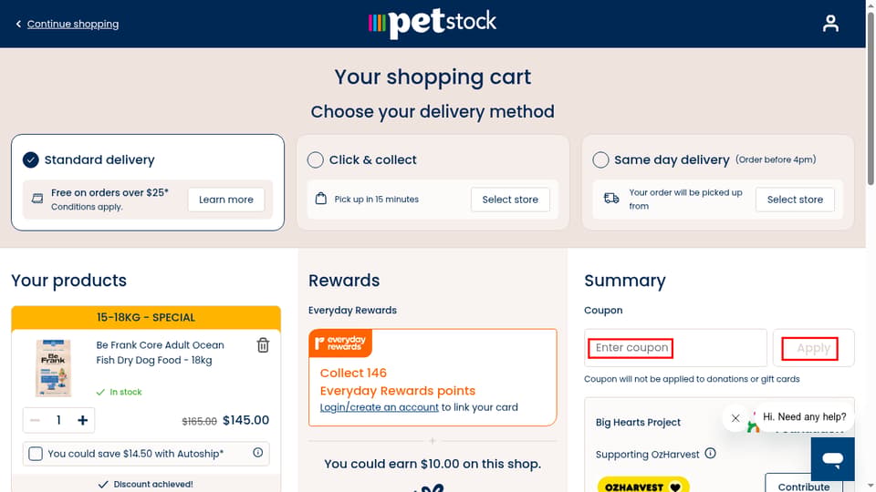 Petstock checkout page showing the Enter coupon field and Apply button