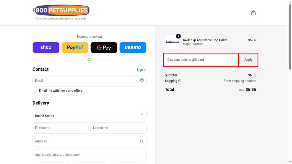 1800PetSupplies.com checkout page showing the Discount code or gift card field and Apply button