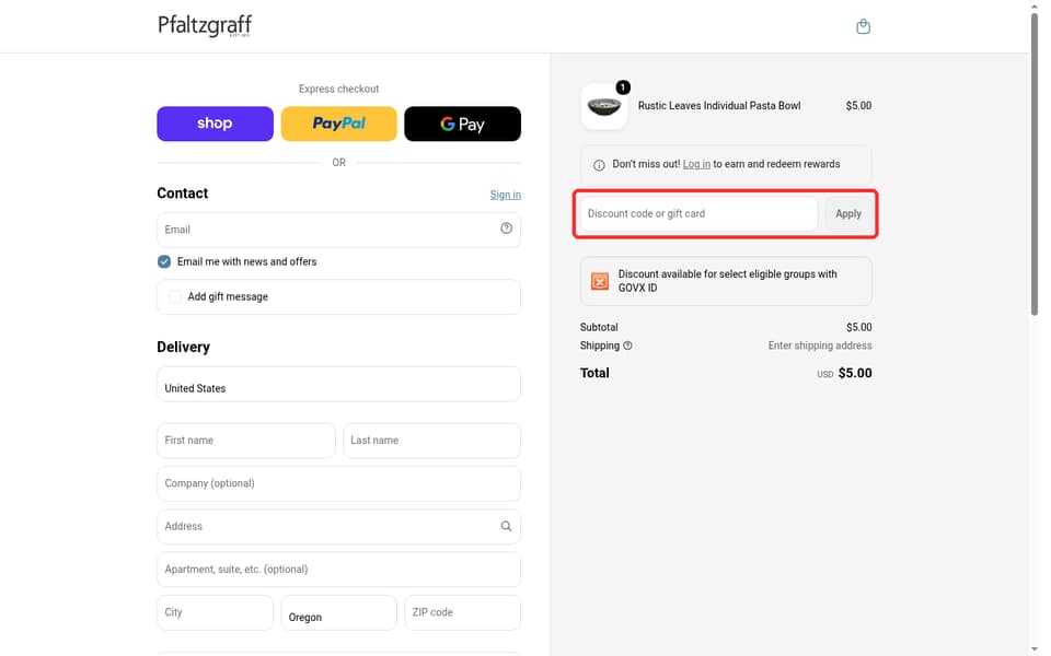 Pfaltzgraff checkout page showing the Discount code or gift card field and Apply button