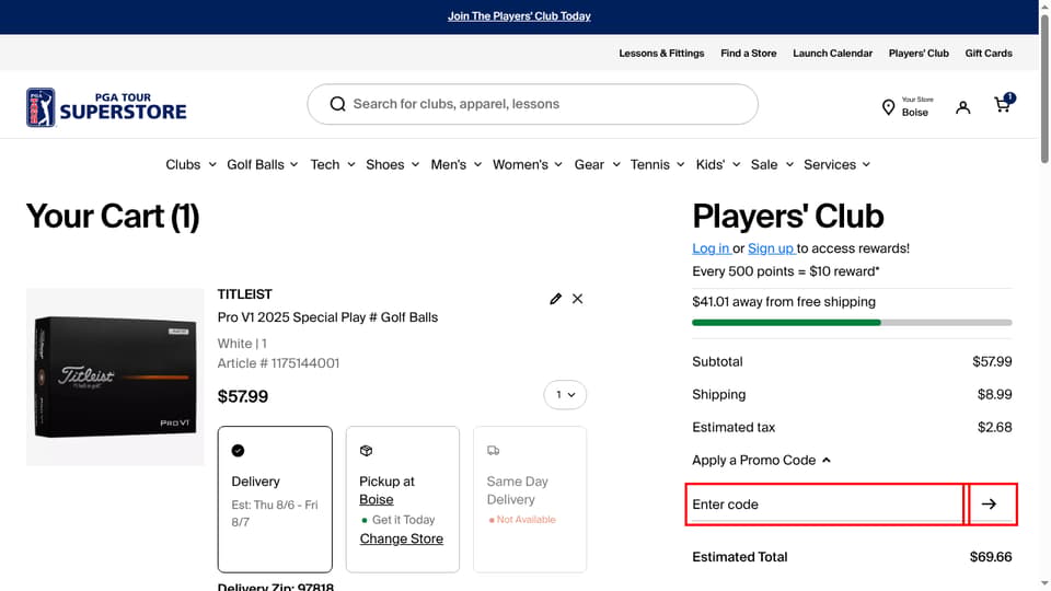 PGA TOUR Superstore checkout page showing the Enter code field and n/a (arrow icon) button