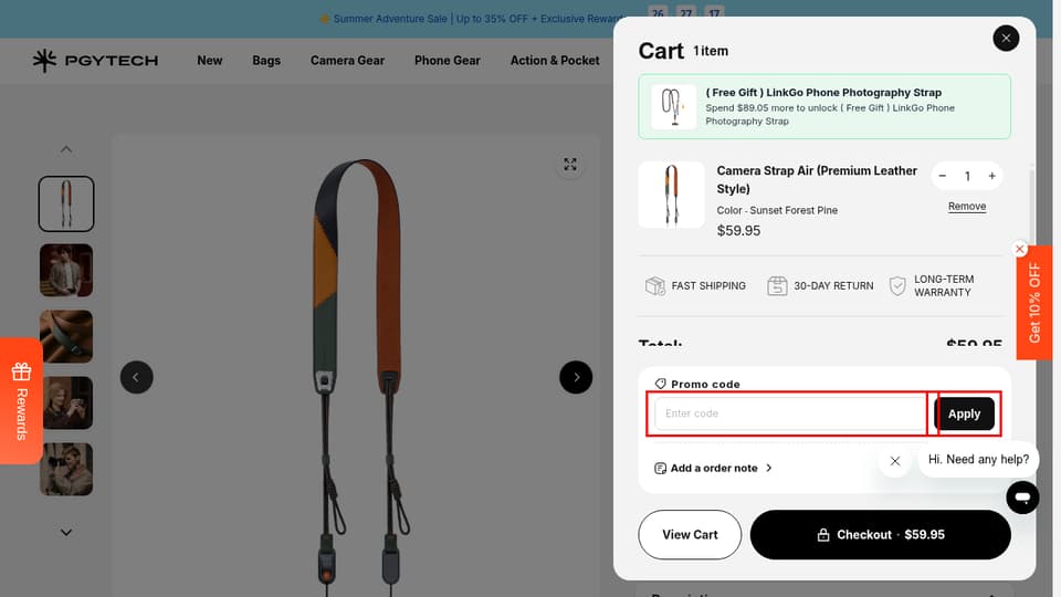 PGYTECH checkout page showing the Enter code field and Apply button