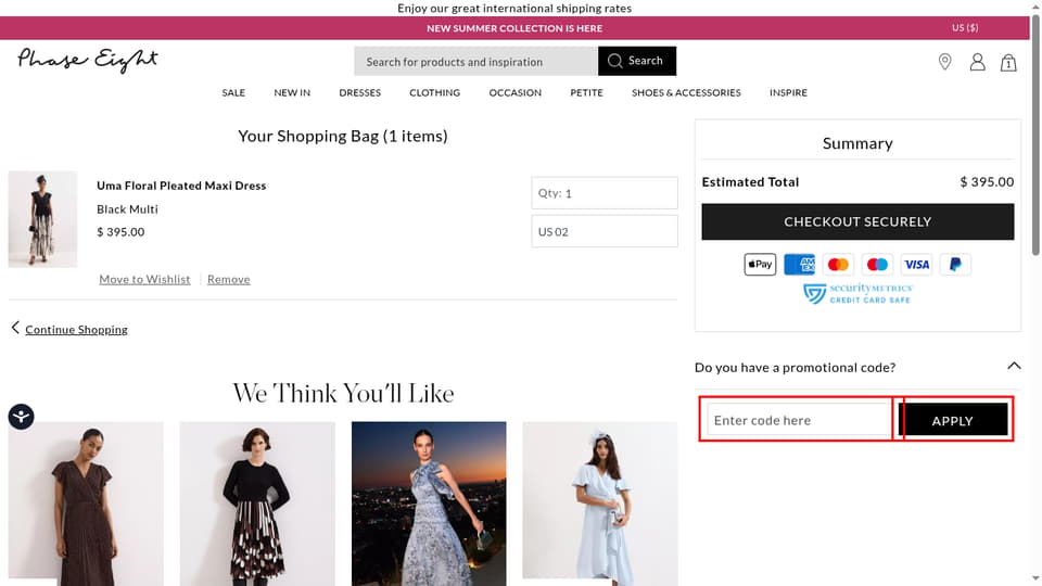Phase Eight checkout page showing the Enter code here field and Apply button