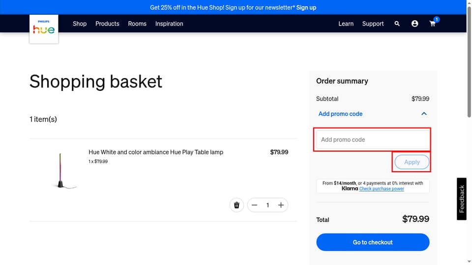 Philips Hue checkout page showing the Add promo code field and Apply button