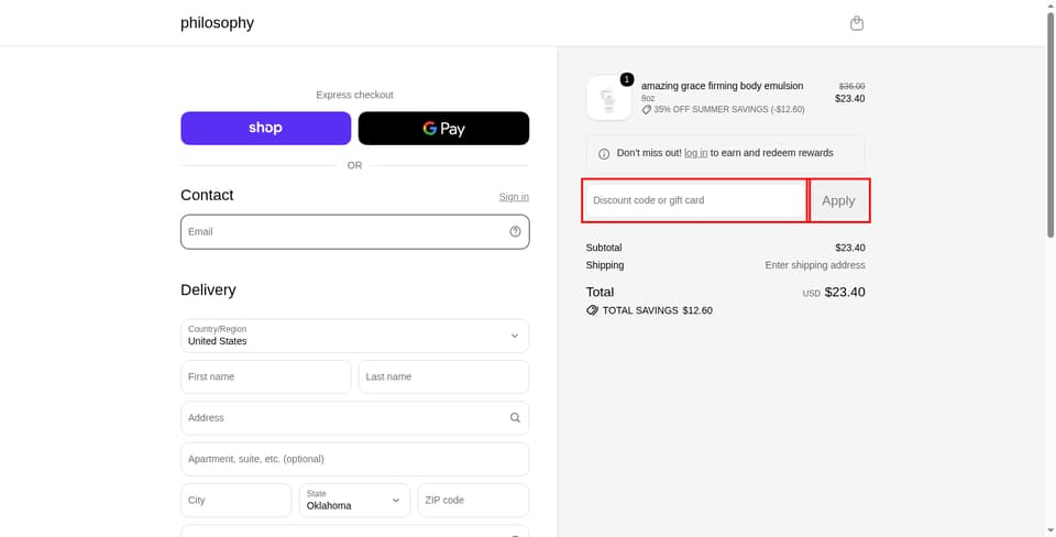 Philosophy checkout page showing the 