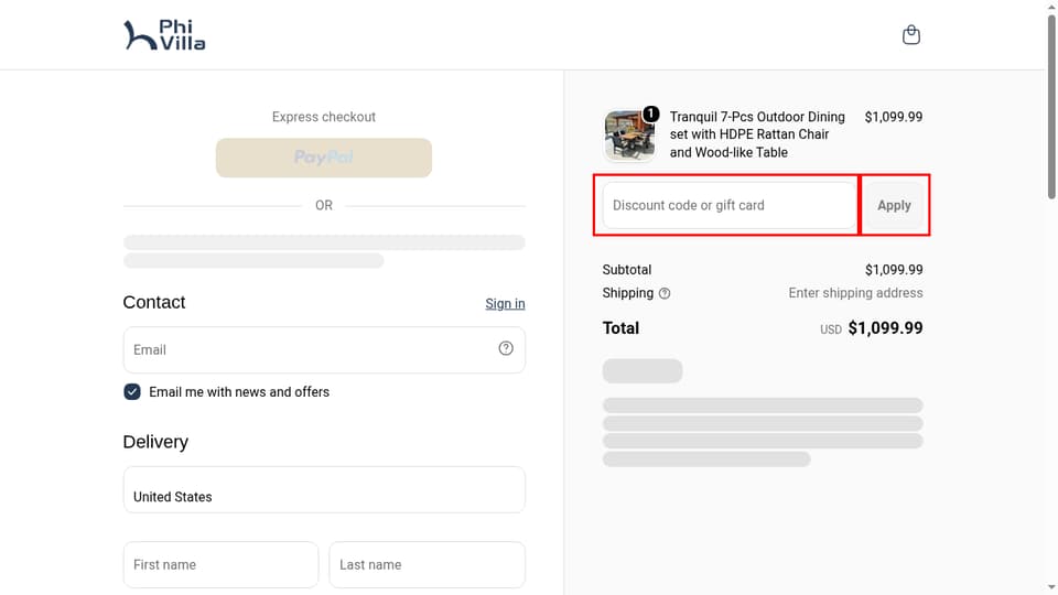 PHI VILLA checkout page showing the Discount code or gift card field and Apply button