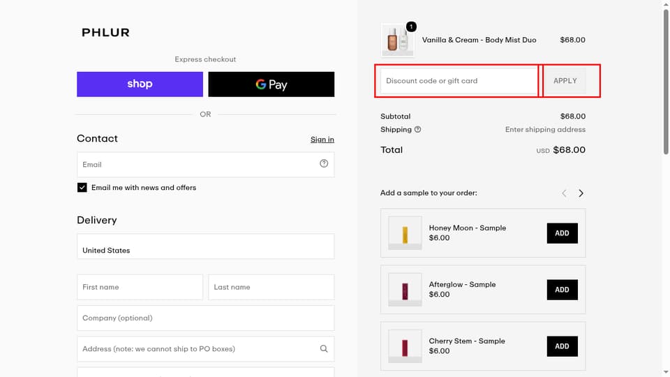 Phlur checkout page showing the Discount code or gift card field and Apply button