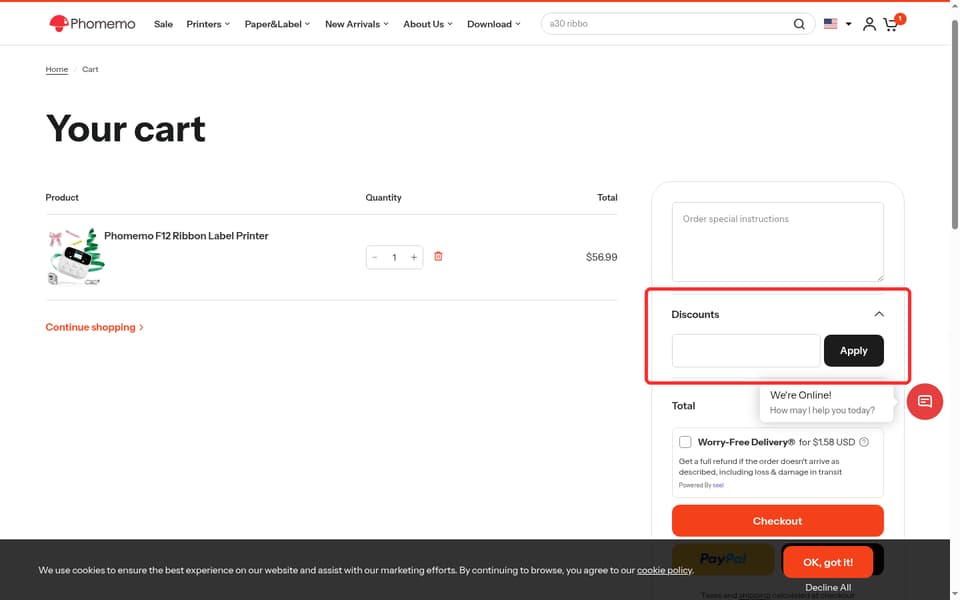 Phomemo checkout page showing the Discount code field and Apply button