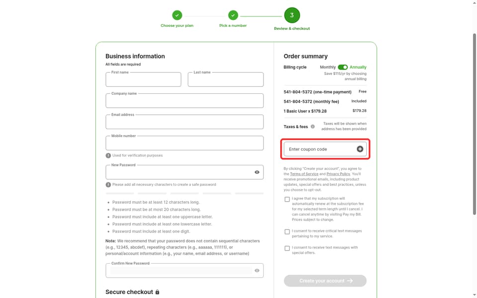 Phone.com checkout page showing the Enter coupon code field and + button