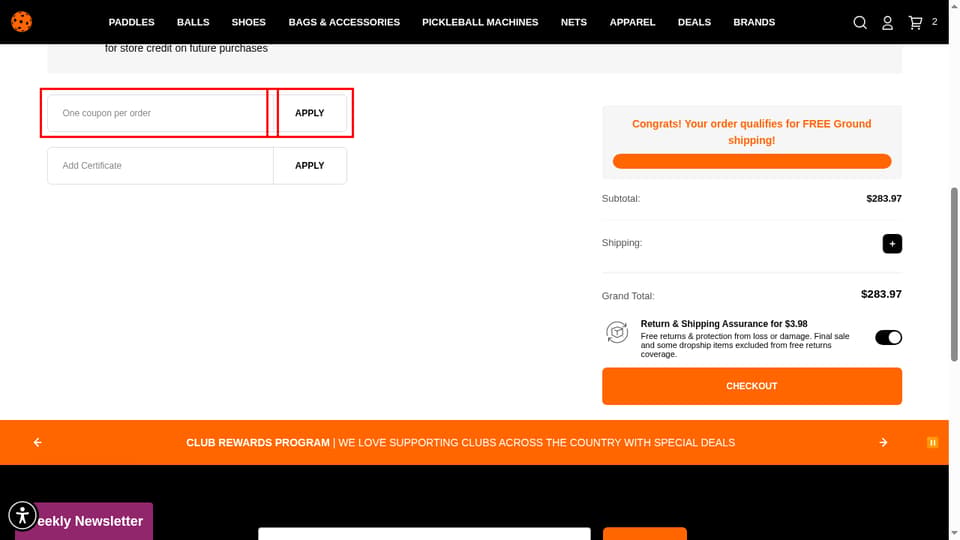 PickleballCentral checkout page showing the One coupon per order field and Apply button