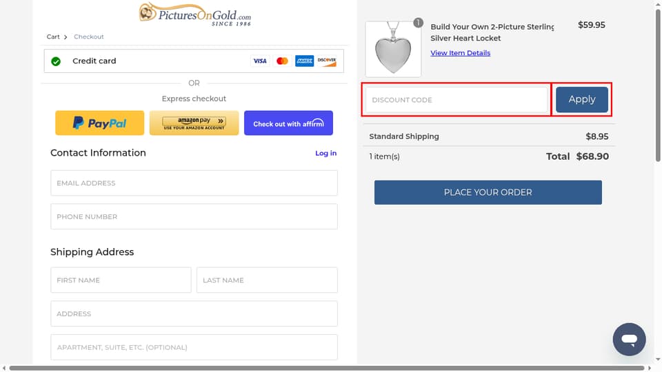 PicturesOnGold.com checkout page showing the Discount Code field and Apply button