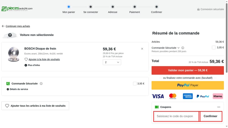 Piecesauto24 checkout page showing the Saisissez le code du coupon field and Confirmer button