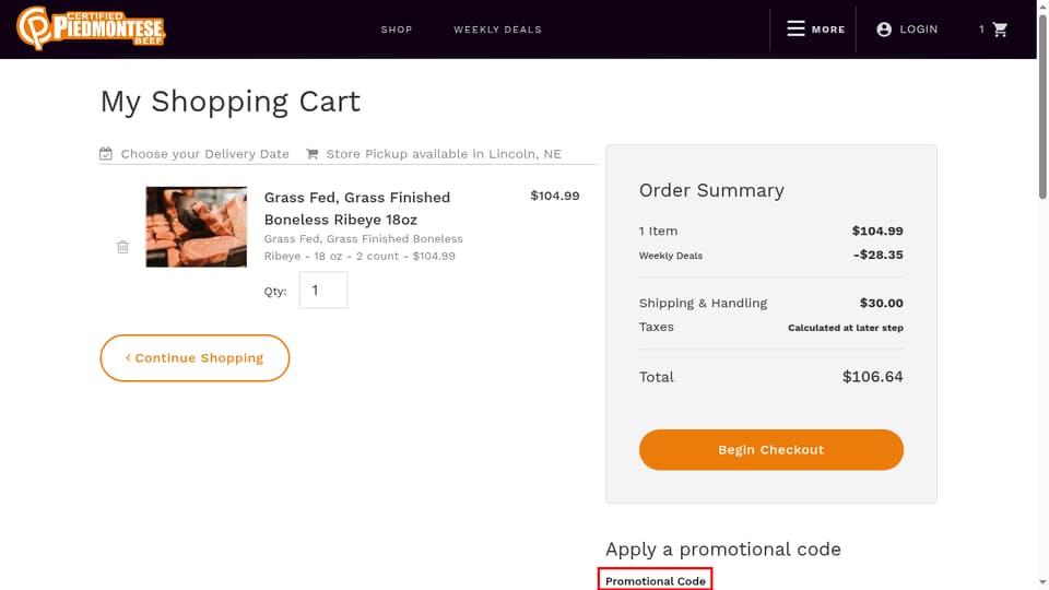 Piedmontese checkout page showing the Promotional Code field and Apply button
