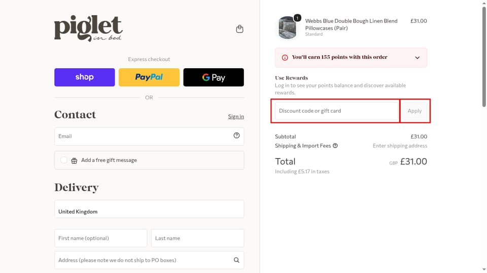 Piglet in Bed checkout page showing the Discount code or gift card field and Apply button