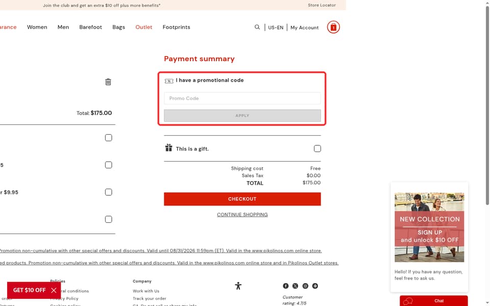 Pikolinos checkout page showing the Promo Code field and Apply button