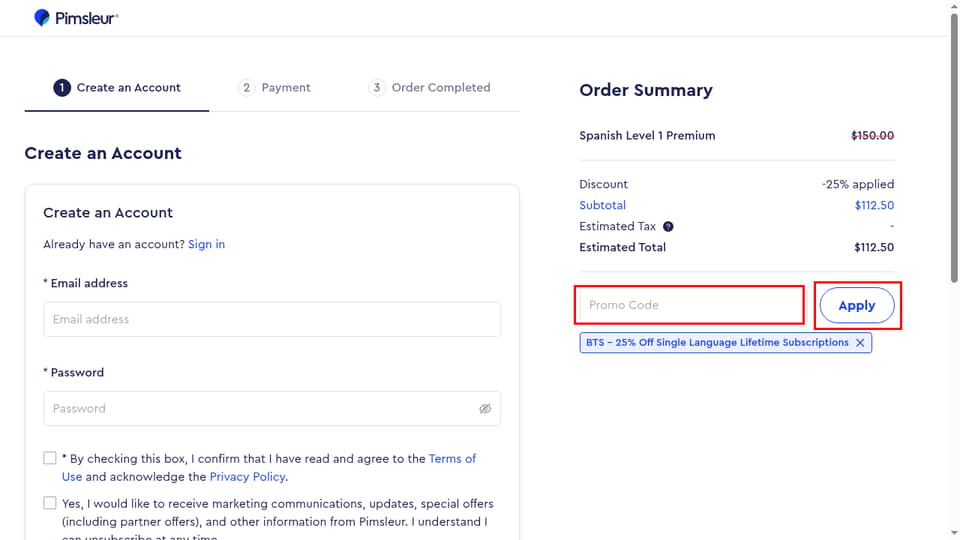 Pimsleur checkout page showing the Promo Code field and Apply button