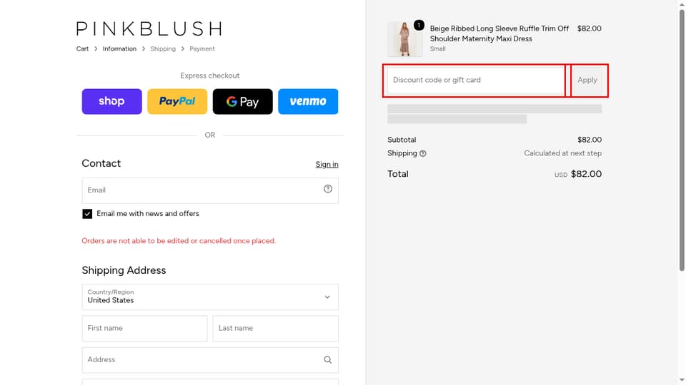 PinkBlush Maternity checkout page showing the Discount code or gift card field and Apply button