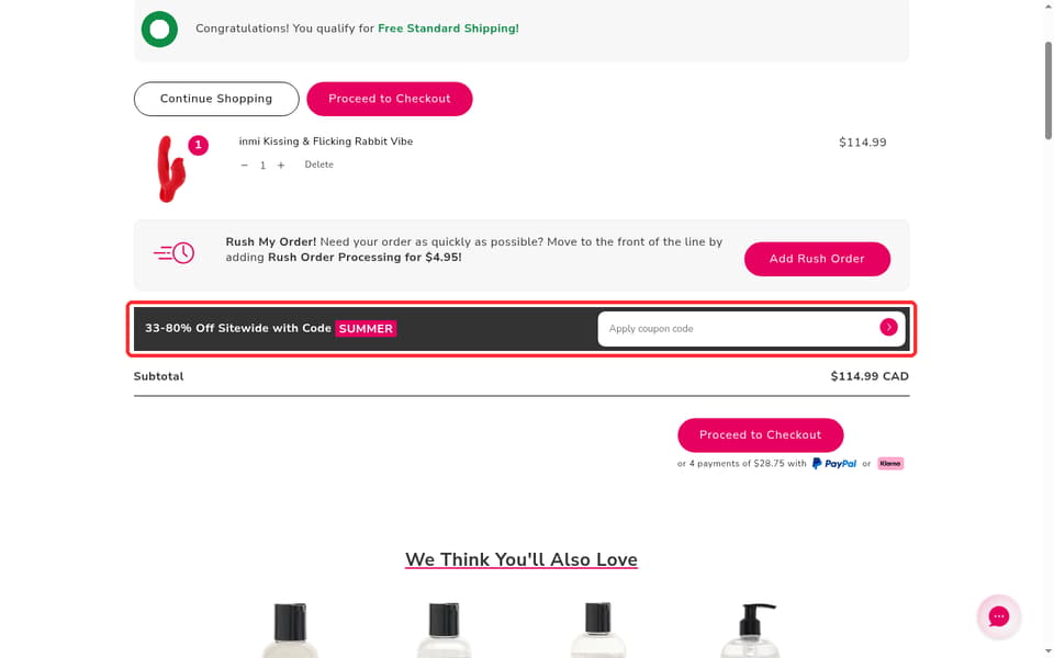 PinkCherry checkout page showing the Apply coupon code field and Subscribe button