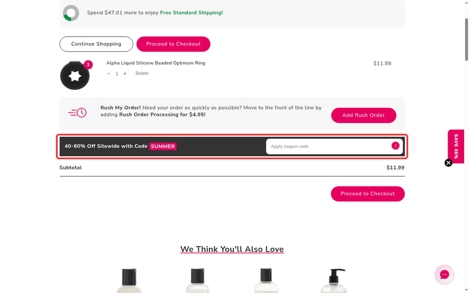 PinkCherry checkout page showing the Apply coupon code field and → button
