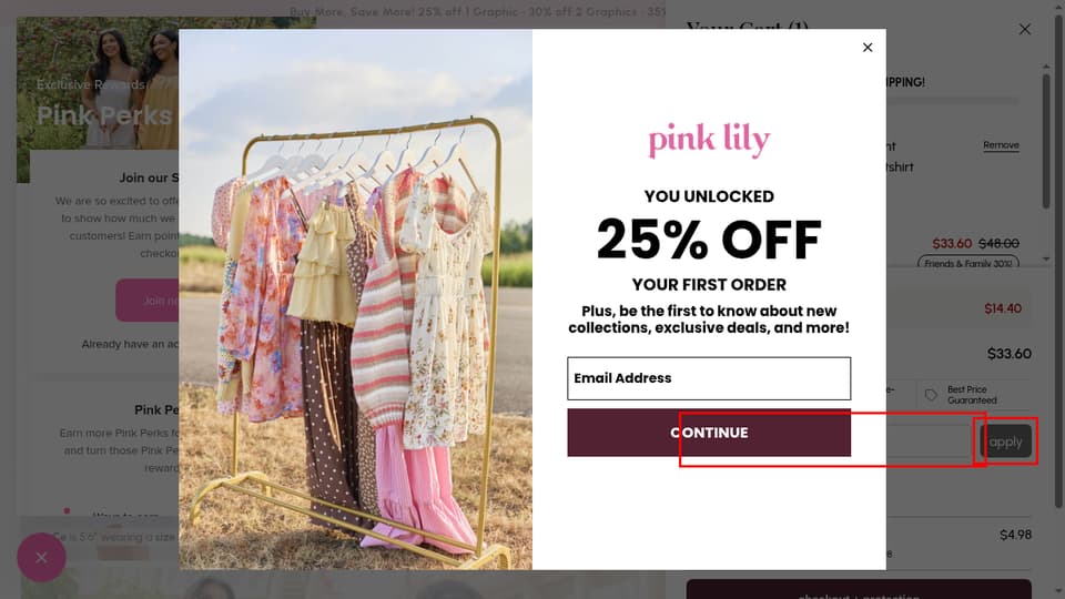 Pink Lily checkout page showing the Discount code or gift card field and Apply button