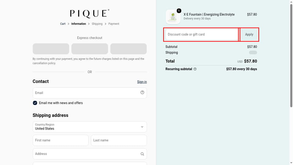 Pique checkout page showing the Discount code or gift card field and Apply button
