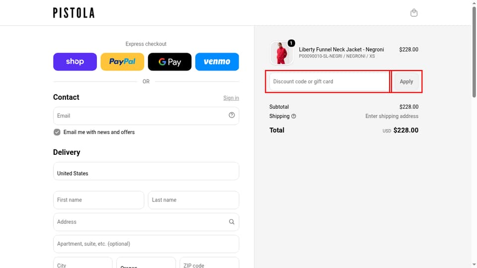 Pistola Denim checkout page showing the Discount code or gift card field and Apply button