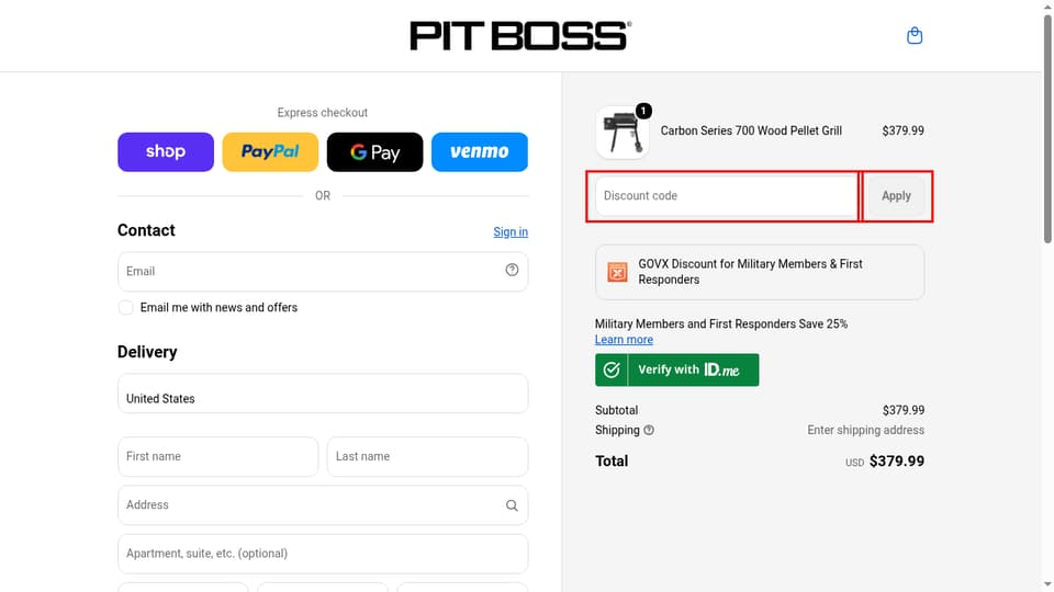 Pit Boss Grills checkout page showing the Discount code field and Apply button