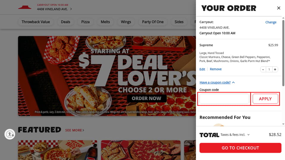 Pizza Hut checkout page showing the Coupon code field and APPLY button