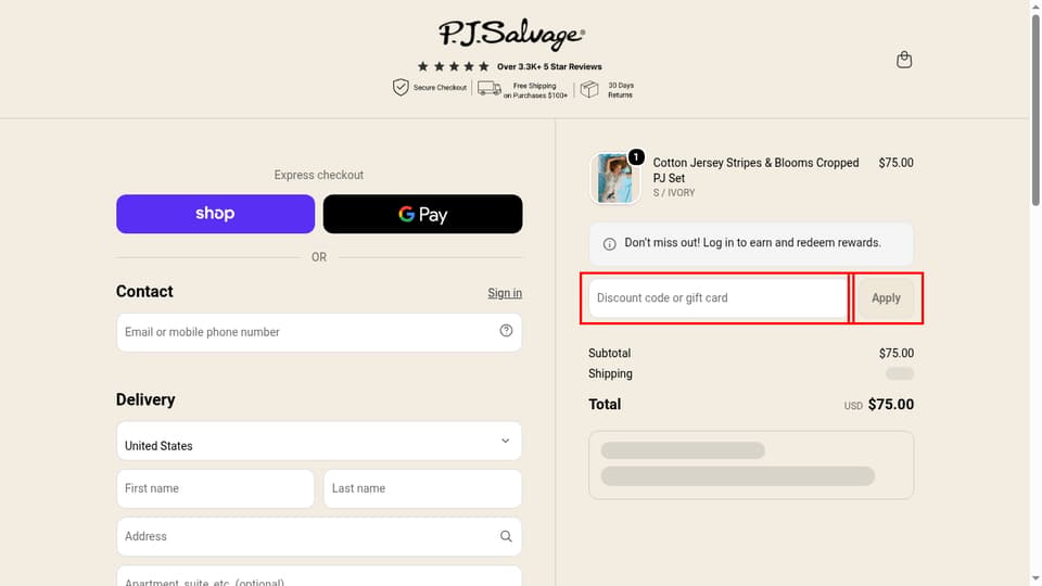 P.J. Salvage checkout page showing the Discount code or gift card field and Apply button