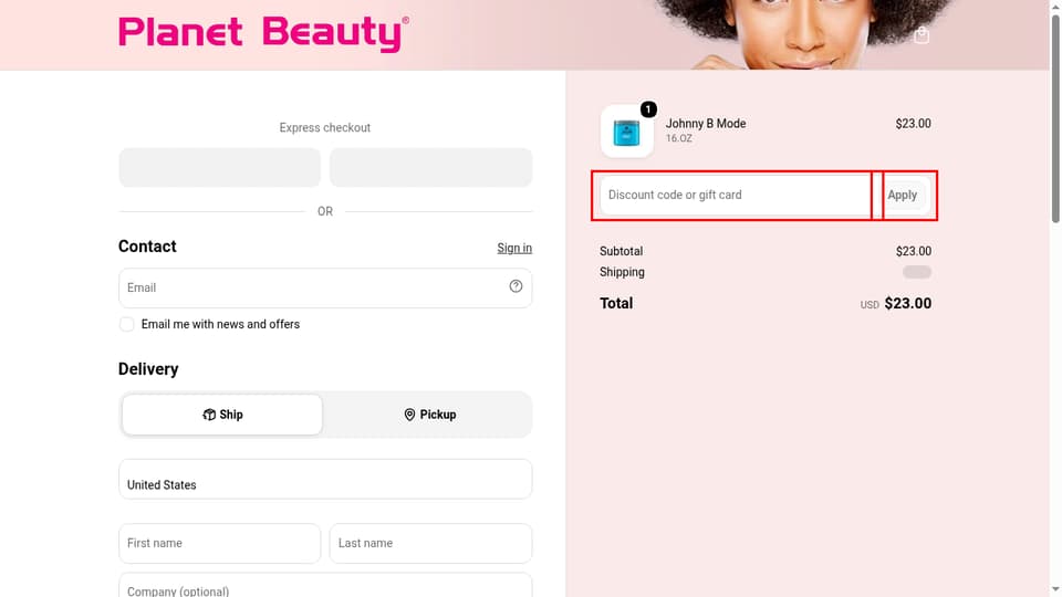Planet Beauty checkout page showing the Discount code or gift card field and Apply button