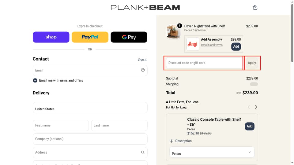 Plank+Beam checkout page showing the Discount code or gift card field and Apply button