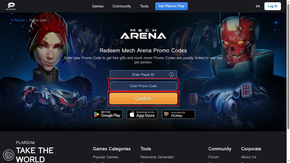 Plarium checkout page showing the Enter Promo Code field and Confirm button