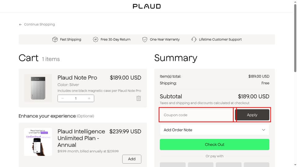 Plaud checkout page showing the Coupon code field and Apply button