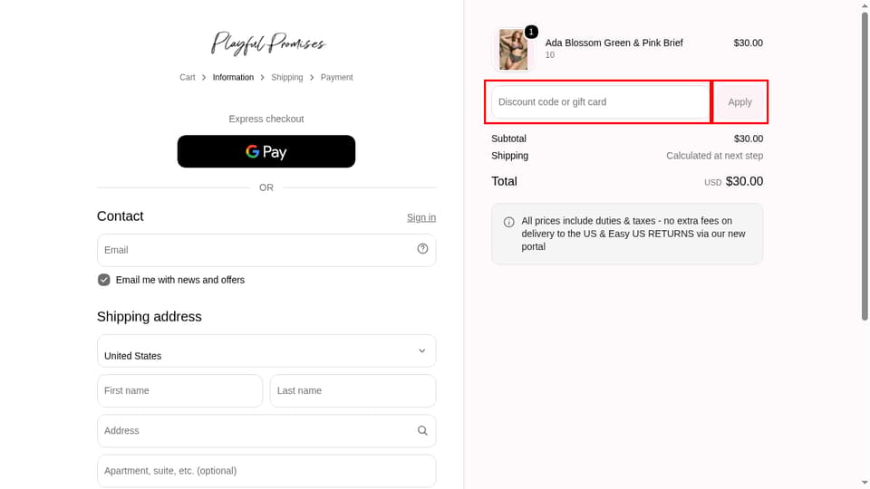 Playful Promises checkout page showing the Discount code or gift card field and Apply button