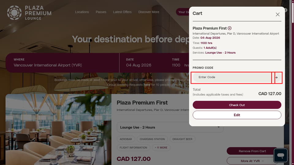 Plaza Premium Lounge checkout page showing the Enter Code field and Apply button